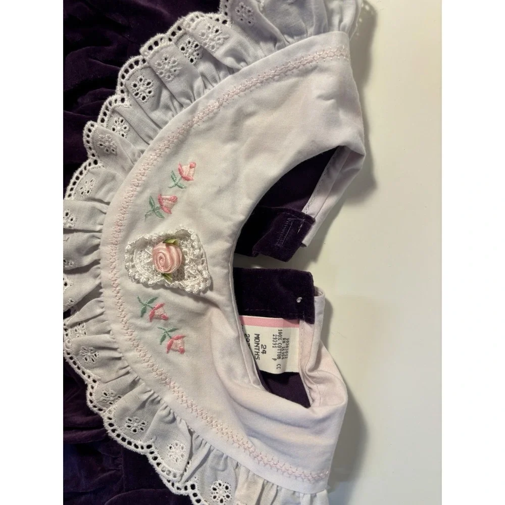 Vintage Girls 24M Purple Velour Dress Lace Collar Floral Embroidery 29991